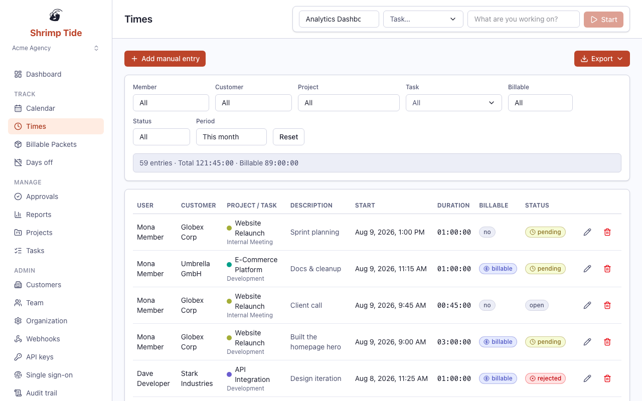 Time log with filters and a list of entries